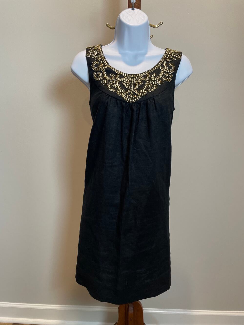 Michael Kors Linen Shift Dress Size 8 Black Sleeveless Gold Bead Detail